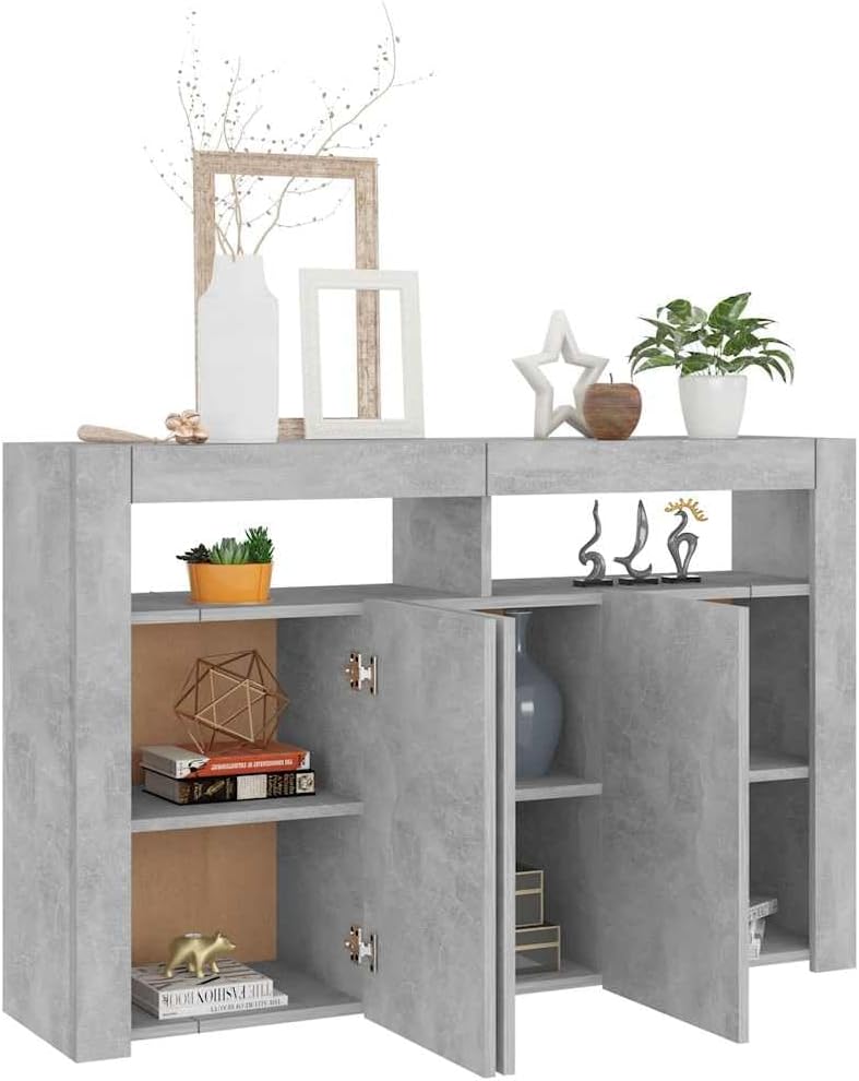 vidaXL Buffet avec Lumières LED, Meuble de Rangement, Armoire de Rangement, Organisateur de Salon Salle de Séjour Intérieur, Gris Béton