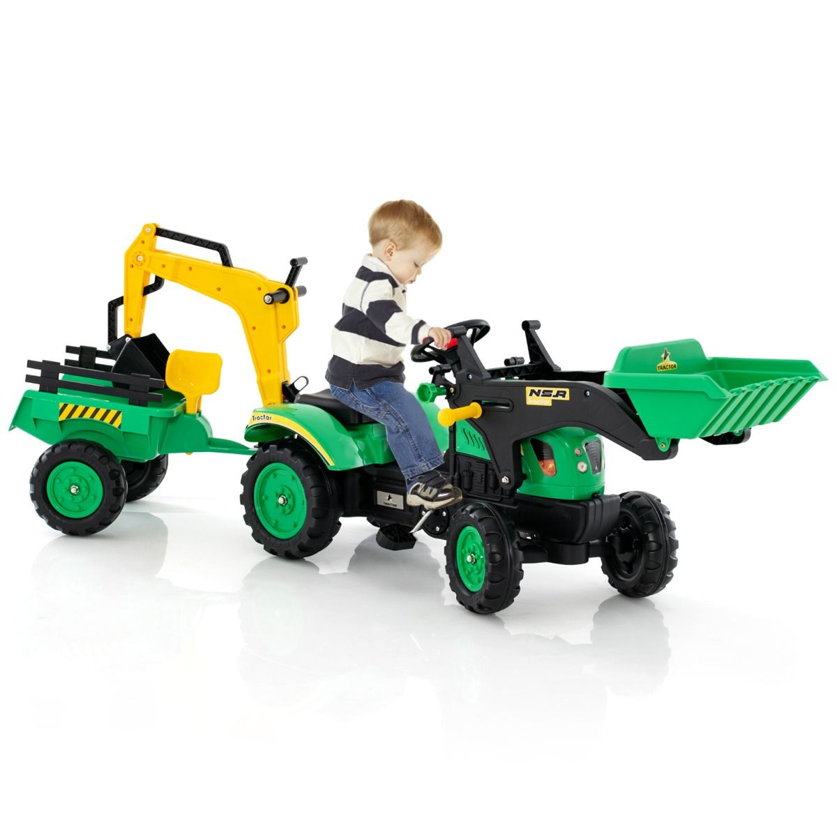 3 en 1 Tracteur pour Enfant avec 6 Roues Jouet Pelle Remorque Amovible avec Volant Klaxon 3  6 Ans Jaune/Vert -
