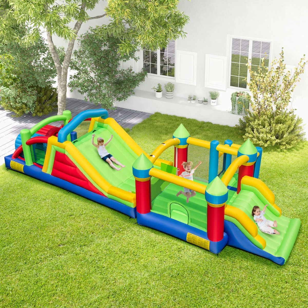Château Gonflable pour 4 Enfants avec 2 Toboggans Tunnels Zone de Rebond Escalade Obstacles Maison de Jeu avec Souffleur de 680 W -
