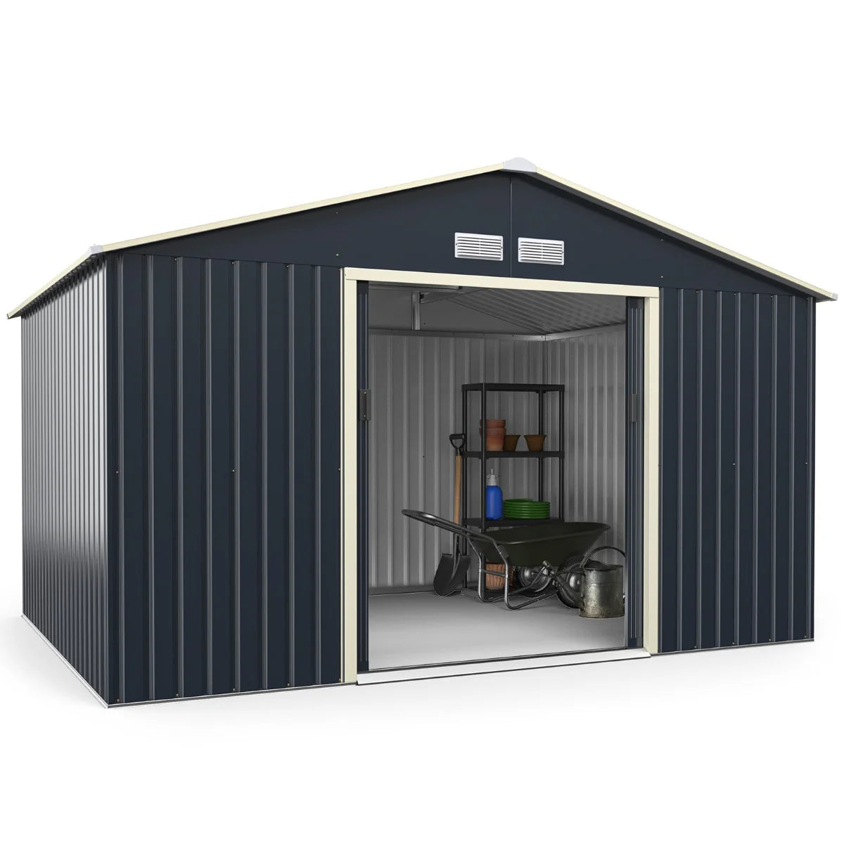 Abri de jardin en mtal 8,67 銕340 x 255 x 210 cm avec 2 portes coulissantes verrouillables 4 trous d檃ration gris pour vlo 20_0005483 -