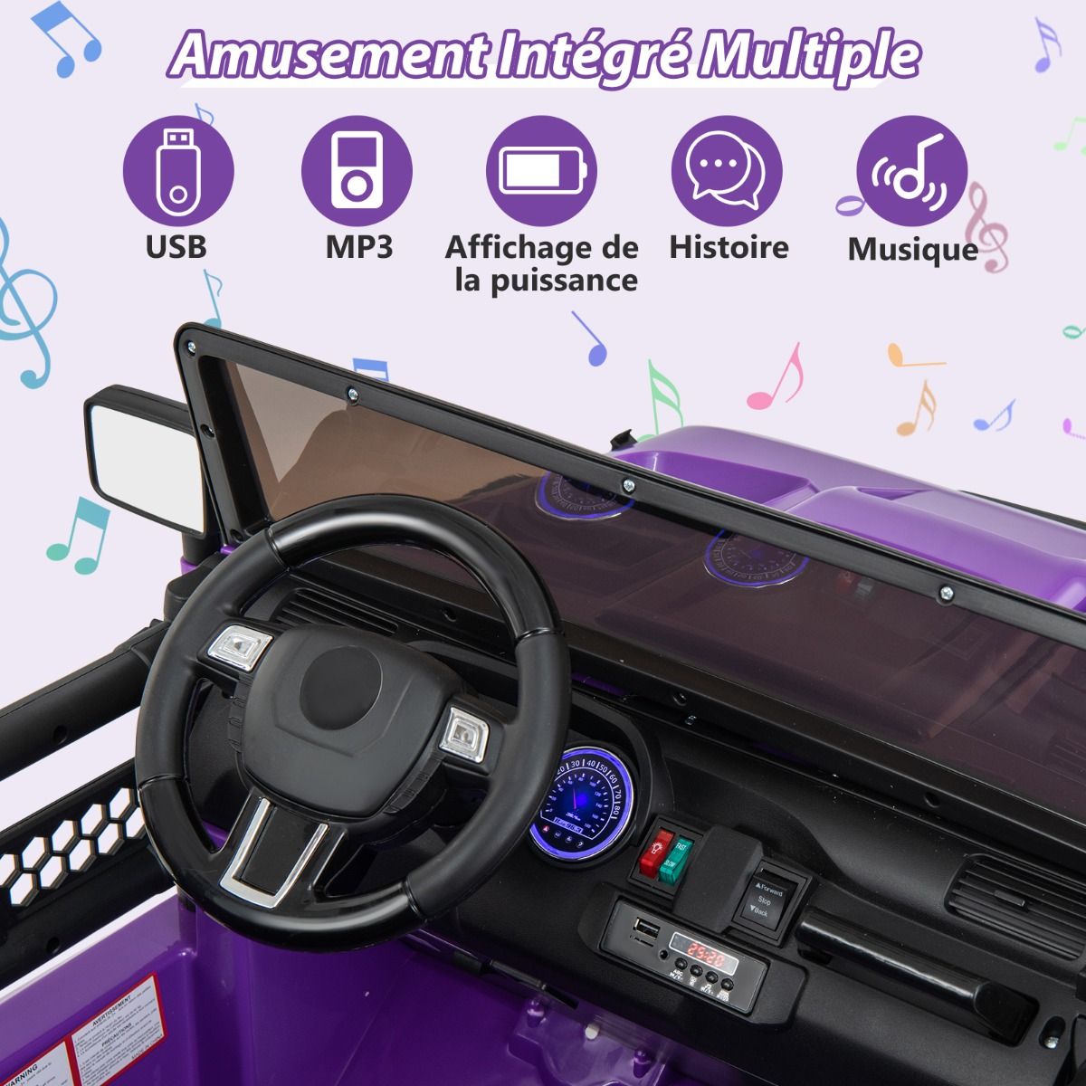 Voiture lectrique 24v pour Enfants 2 Places Tlcommande Musique Histoire Klaxon Usb Fonction de Dmarrage Lent Suspensions  Ressort Blanc/Noir/Rose/Violet -
