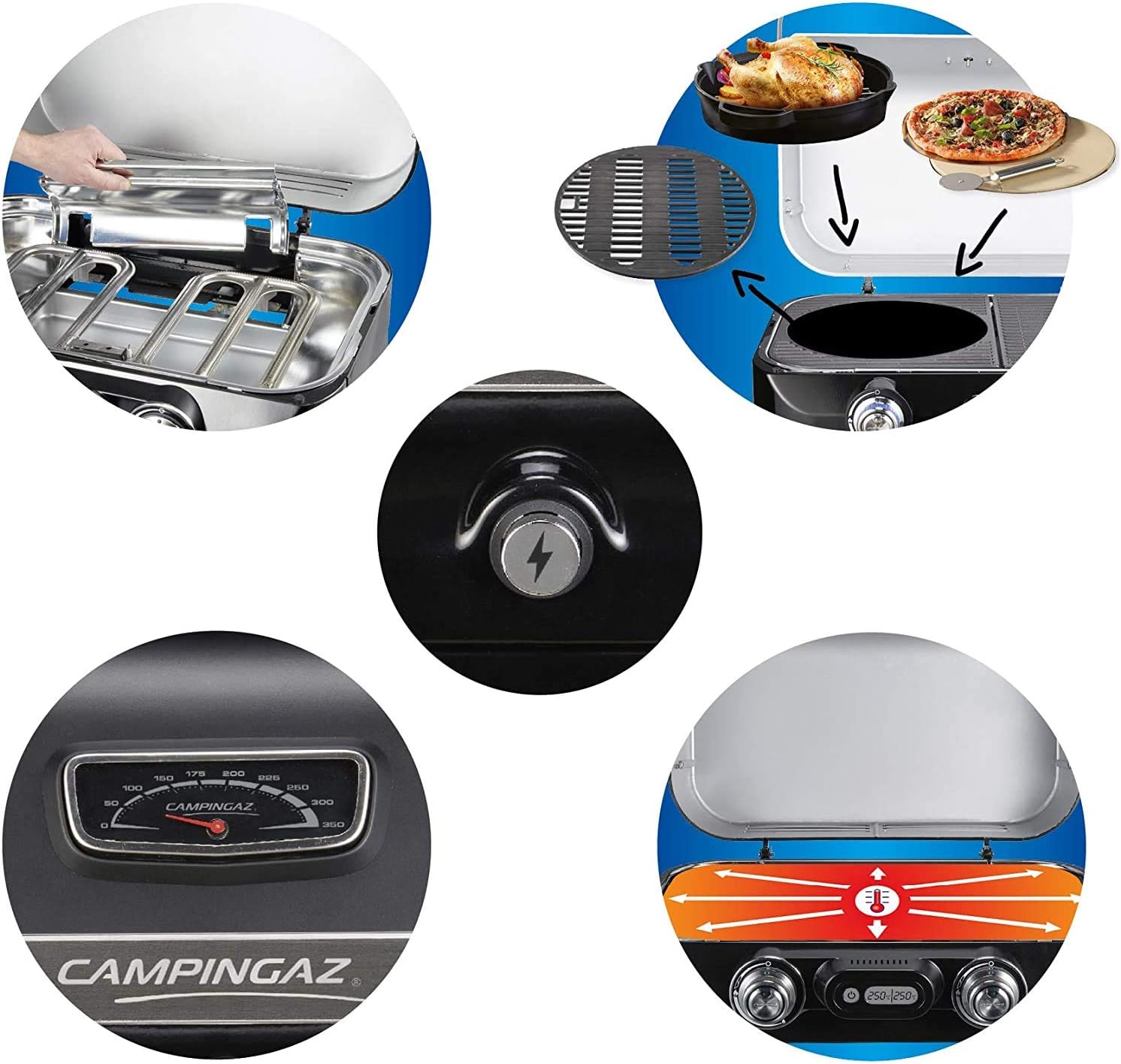 Attitude2go,Barbecue de Table  Faible fume,BBQ Portable, Couvercle,thermomtre,et Grille en Fonte,Alimentation : Cartouche de gaz CV 470 Plus,Gris