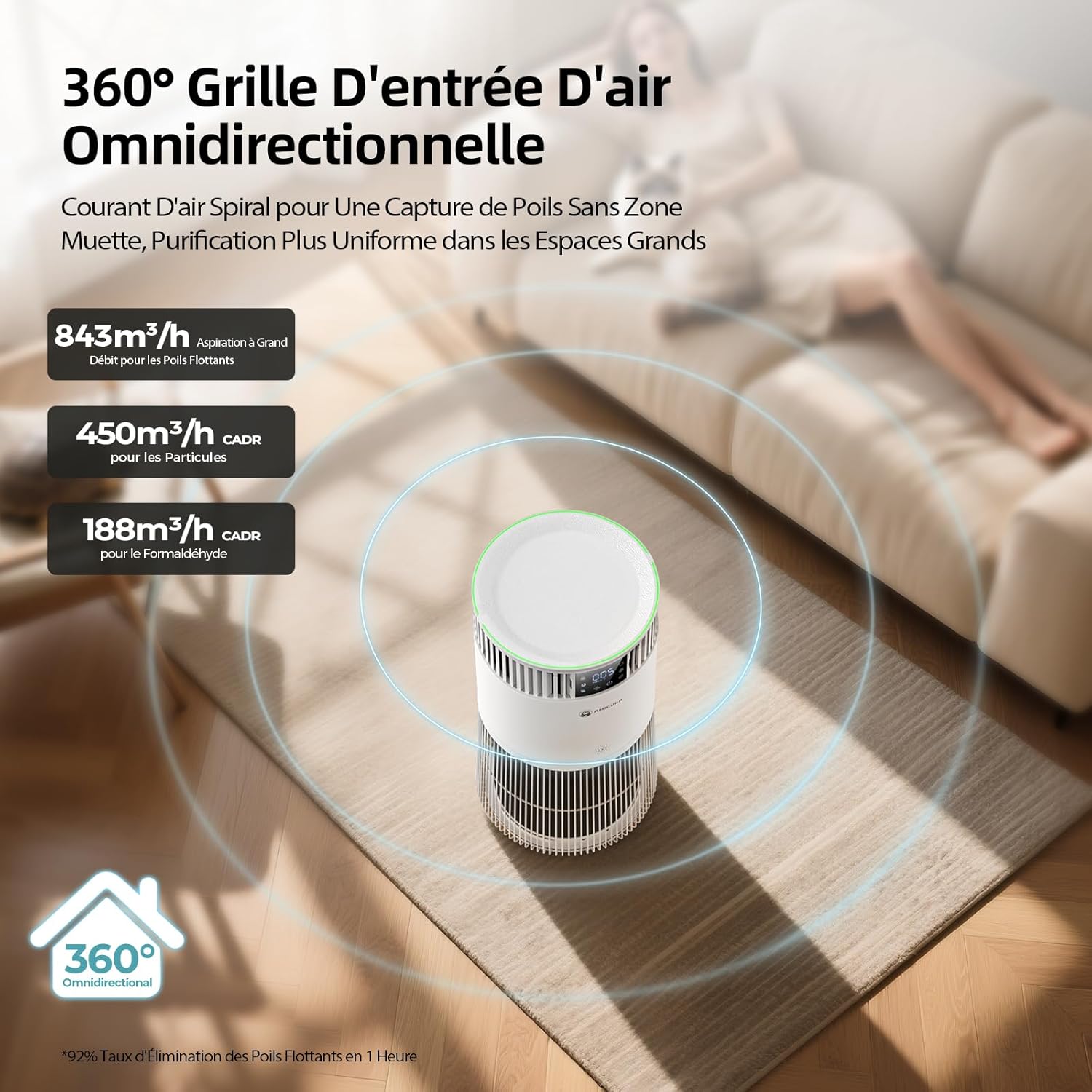 Amicura P2 Purificateur d'air Hepa pour Animaux et Personnes Allergiques, 843 m³/h CADR Contre les Poils d'animaux, Filtre Hospitalier H13 Hepa, 450 m³/h de Particules, Contrôle par App