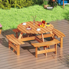 Ensemble Table de Pique-Nique en Bois pour 2  8 Personnes Set Table et Banc Circulaire avec 4 Bancs Intgrs Trou de Parasol de 5cm Marron/Jaune -