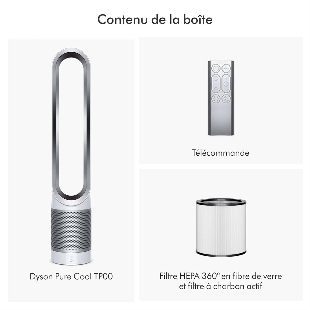Dyson Pure Cool TP00 – Purificateur ventilateur tour sans pales, 10 vitesses, 434L/s, filtre HEPA 360°, capte 99,95% particules, Blanc/Argent