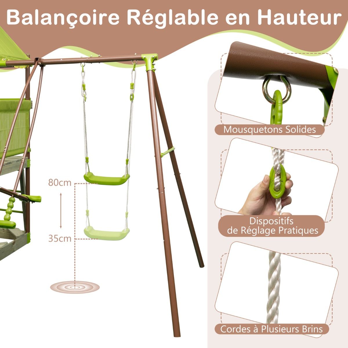 Balançoire 7-en-1 Aire de Jeu en Métal avec Fort Couvert Réglable en Hauteur Corde d'Escalade Bac à Sable Glisseur Toboggan Ondulé Vert -
