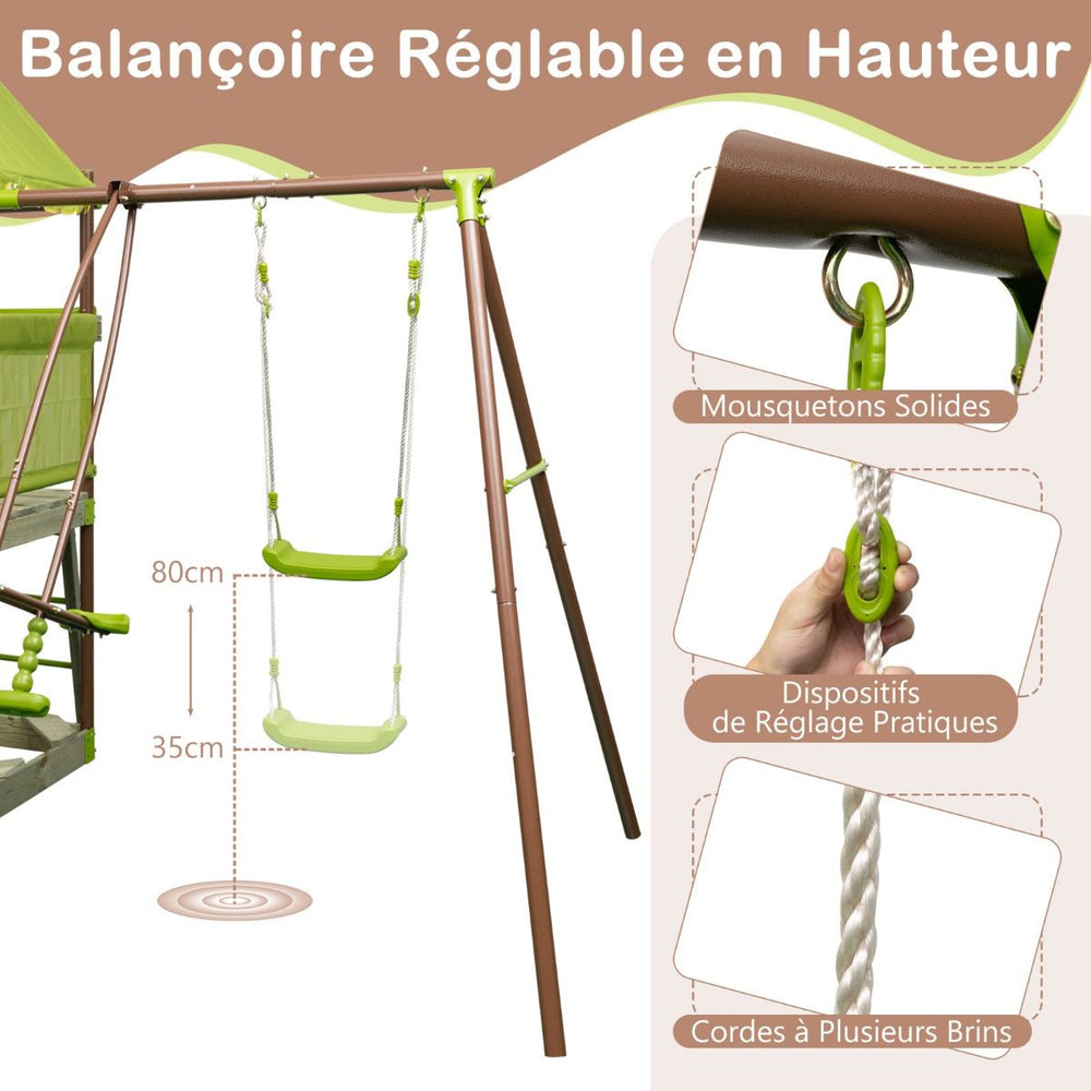 Balançoire 7-en-1 Aire de Jeu en Métal avec Fort Couvert Réglable en Hauteur Corde d'Escalade Bac à Sable Glisseur Toboggan Ondulé Vert -