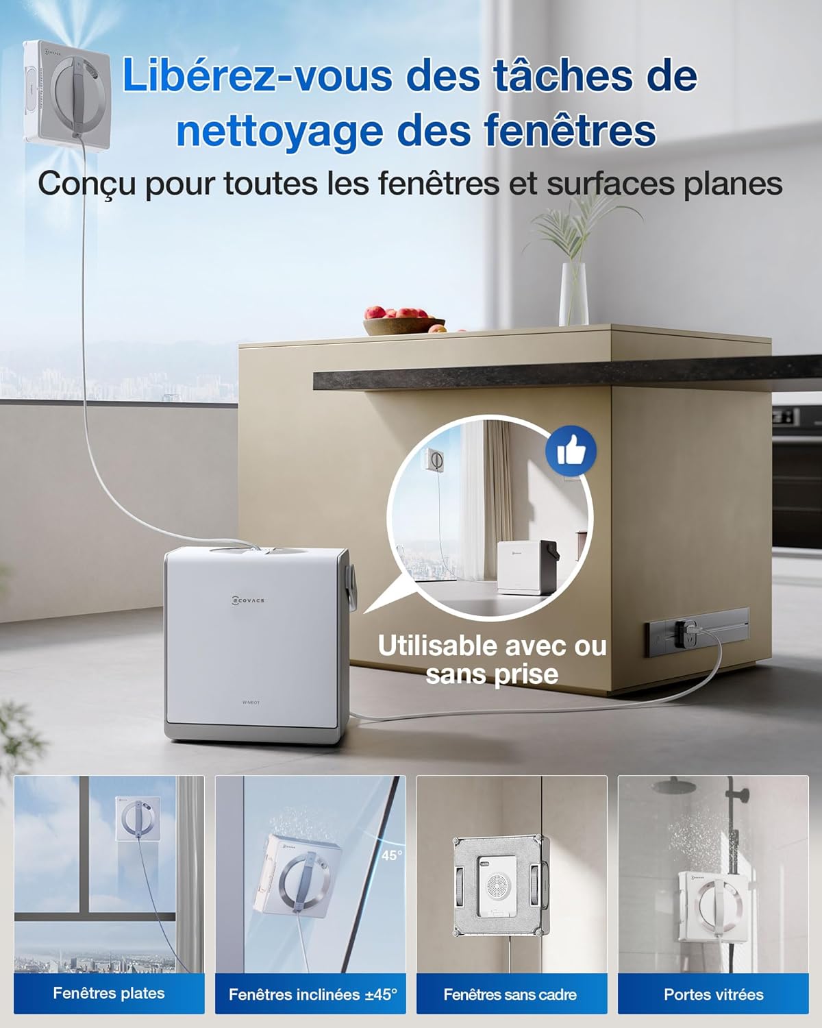 ECOVACS WINBOT W2 Pro Omni Robot Nettoyeur de vitres avec Station Multifonction, se Recharge Pendant Le Fonctionnement, buse à Triple Embout, système de Protection à 12 Niveaux