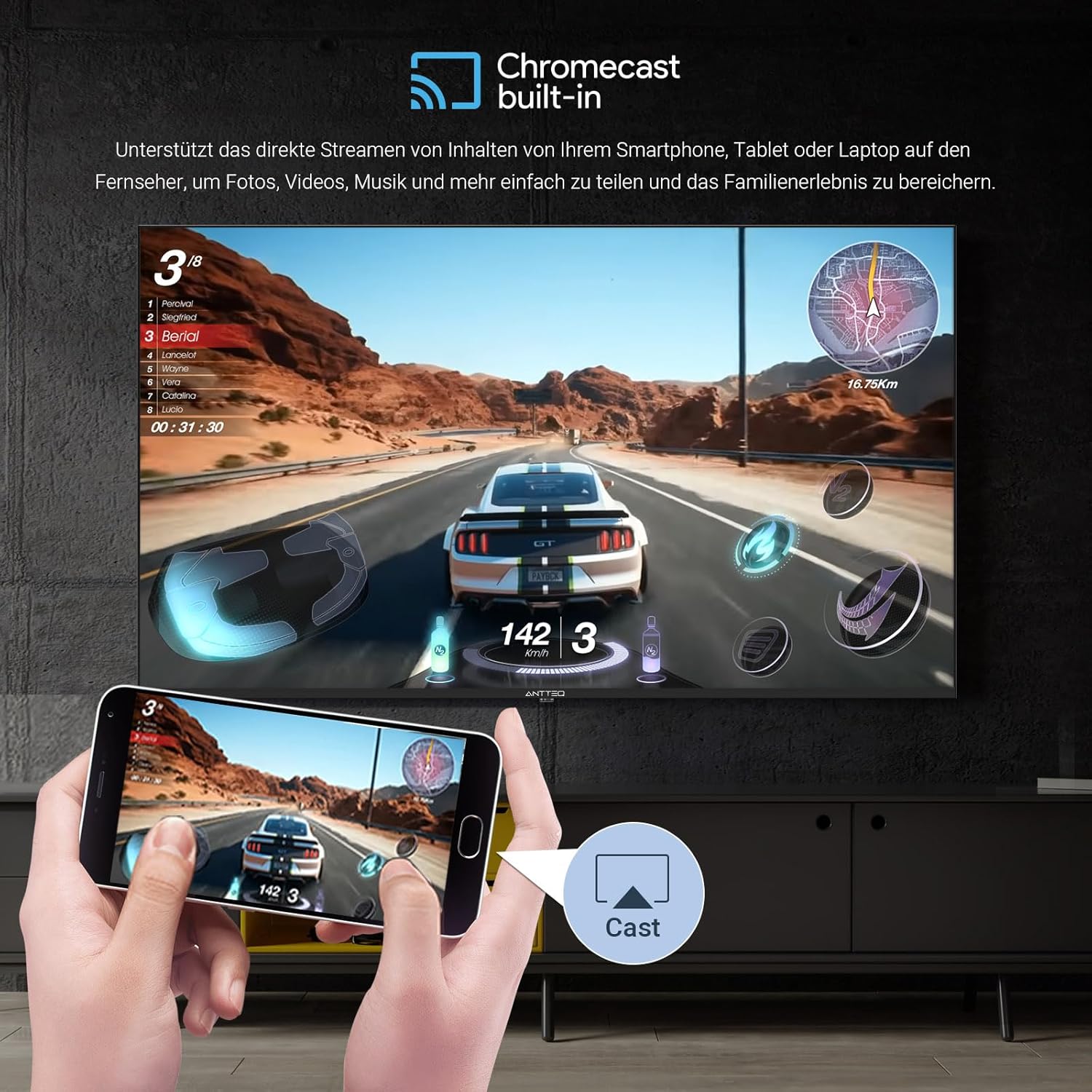 Antteq G24 Smart TV 24 Pouces (60 cm) Television 220/12V Bluetooth compatibilité avec Google Assistant Triple Tuner (DVB-S2/T2/C) WiFi Bluetooth HDMI USB Miroir d’Écran Idéal Camping