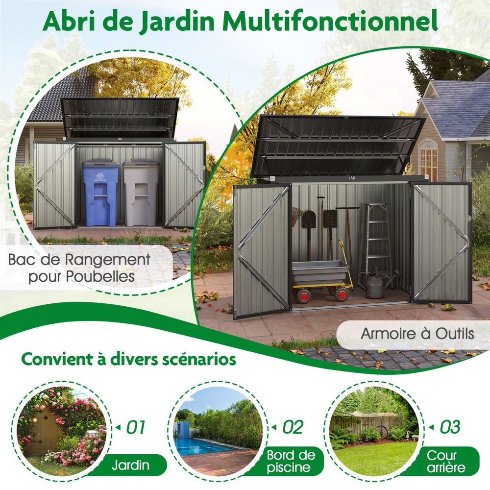 Abri de Stockage en Métal Galvanisé pour Poubelles Extérieur Abri de Jardin Verrouillable avec Toit Ouvert 2 Portes 172X95,5X130CM Gris -