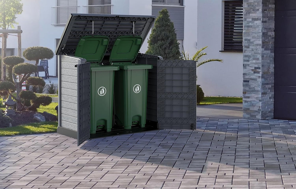 Duramax StoreAway 1200L Plastic Garden Shed/ Flat Lid,Outdoor Storage Shed,Wheelie Bin Hideaways,Wheelie bin box,Durable Construction,Ideal for Bikes,BBQs & 2x 240L Bins,145x85x125 cm,Brown