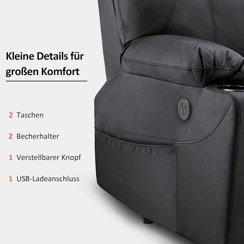 Aide à l'arrimage électrique MCombo, Fauteuil TV, Fauteuil Relaxant, Massage, Chauffage, Connexion USB réglable électriquement, Simili cuir, Noir