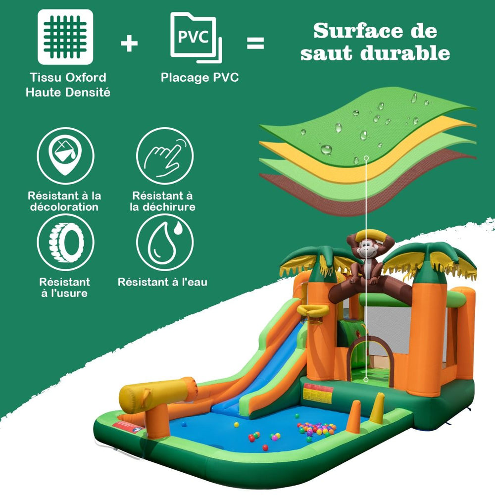 7 en 1 Château Gonflable Tropical à Thème Singe & Palmier avec Toboggan Aquatique avec Piscine & 50 Boules Charge 90kg pour 2 Enfants de 3-10 Ans -