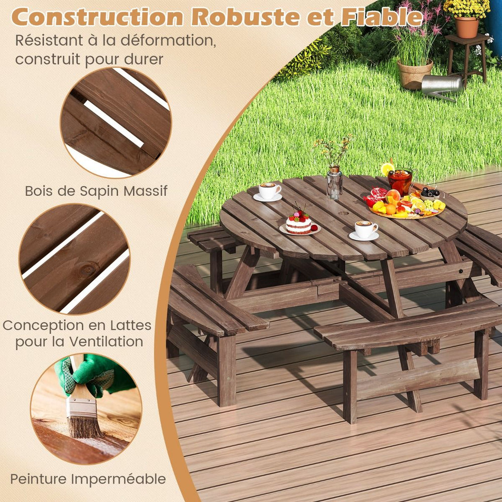 Ensemble Table de Pique-Nique en Bois pour 2  8 Personnes Set Table et Banc Circulaire avec 4 Bancs Intgrs Trou de Parasol de 5cm Marron/Jaune -