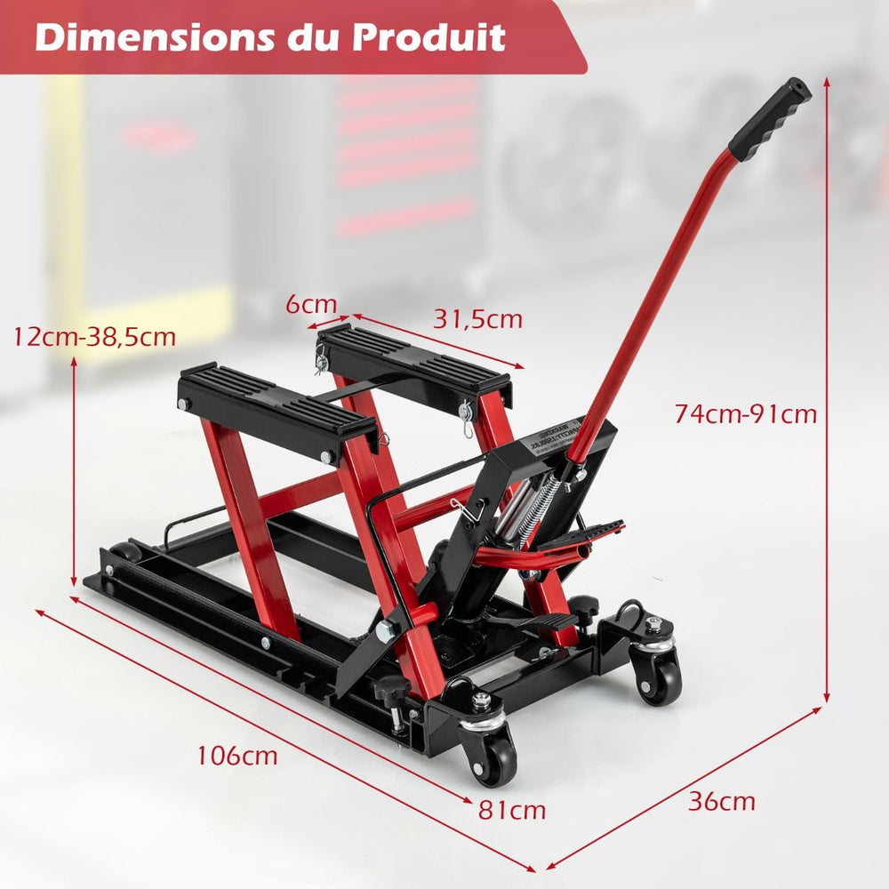 Cric Hydraulique pour Moto Capacité de 680 kg Table Élévatrice Moto Plateforme Réglable en Hauteur sur 3 Niveaux Rouge/Noir -