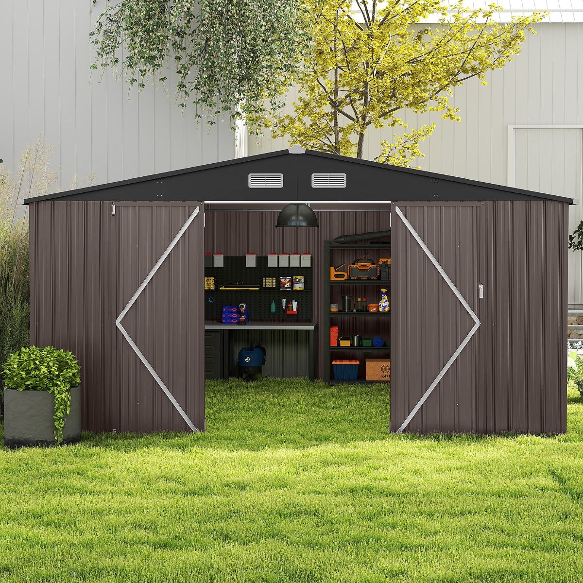 Abri de Stockage Extrieur Grand Hangar  Outils avec Design de Toit Inclin Portes Fermables avec Cls 4 Arations 350x350x198cm Gris -