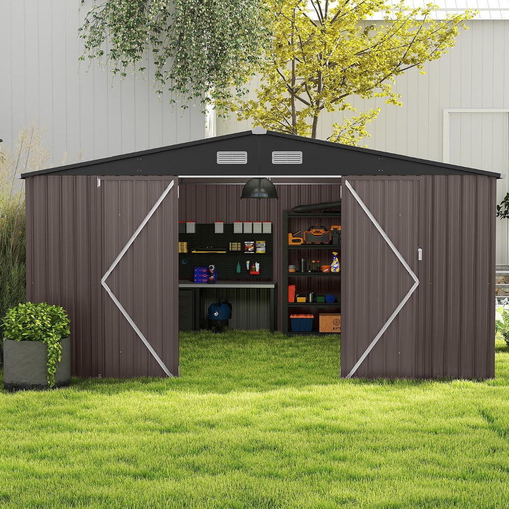 Abri de Stockage Extrieur Grand Hangar  Outils avec Design de Toit Inclin Portes Fermables avec Cls 4 Arations 350x350x198cm Gris -