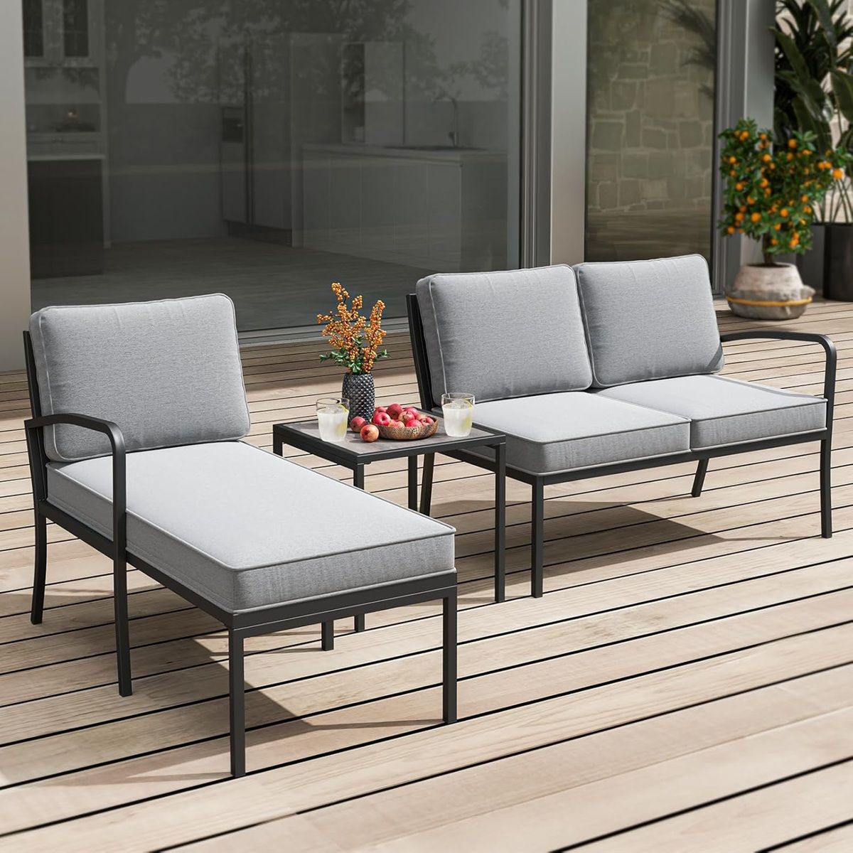 Ensemble Salon de Jardin 3 Pièces Ensemble de Canapé Rembourré d’Extérieur avec Table Basse Cadre en Métal Robuste Gris -