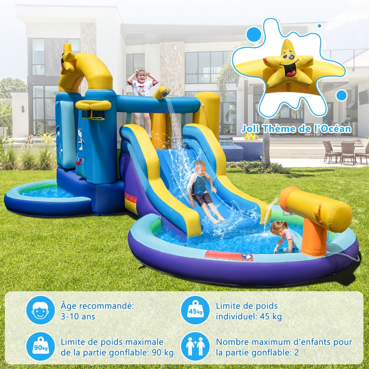 Ch芒teau Gonflable Ocan 6 en 1 avec Souffleur 680W Toboggan Aquatique & 2 Piscines Maison de Rebond Gonflable Charge 90kg -