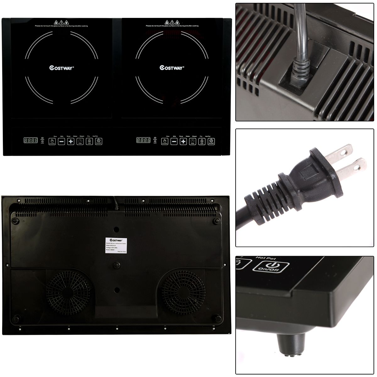 Double Plaque de Cuisson Electrique en Vitrocéramique 1800W+1800W 2 Zones 8 Niveaux de Température/Puissance Variables Noir -