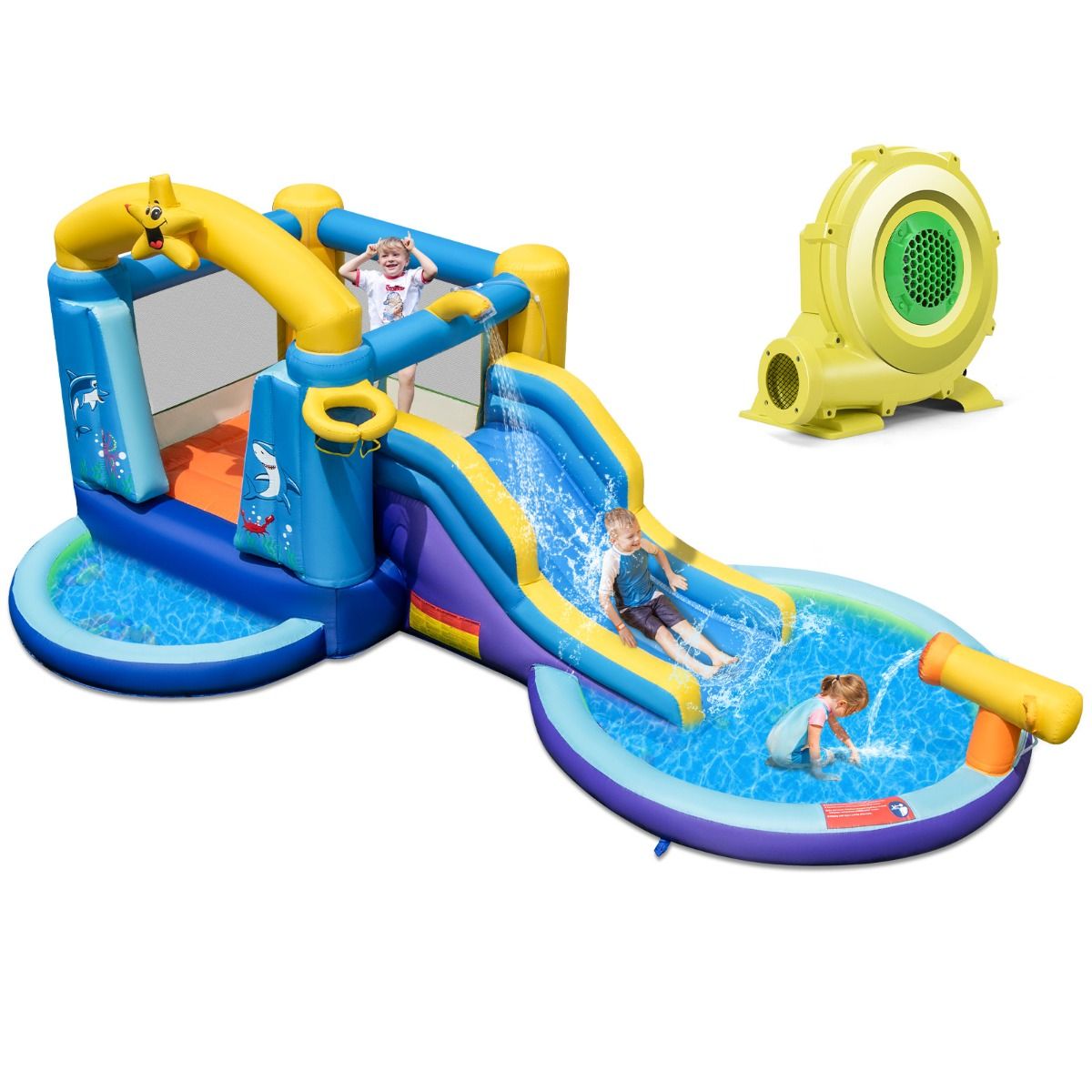 Ch芒teau Gonflable Ocan 6 en 1 avec Souffleur 680W Toboggan Aquatique & 2 Piscines Maison de Rebond Gonflable Charge 90kg -