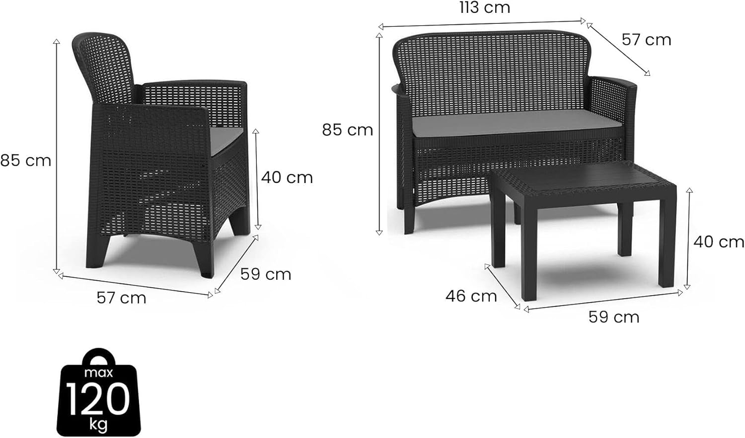 Dmora - Set salon d'extérieur Ostuni, Salon de jardin composé de 2 fauteuils, 1 canapé et 1 table basse, salon effet rotin avec coussins, 100% Made in Italy, Anthracite