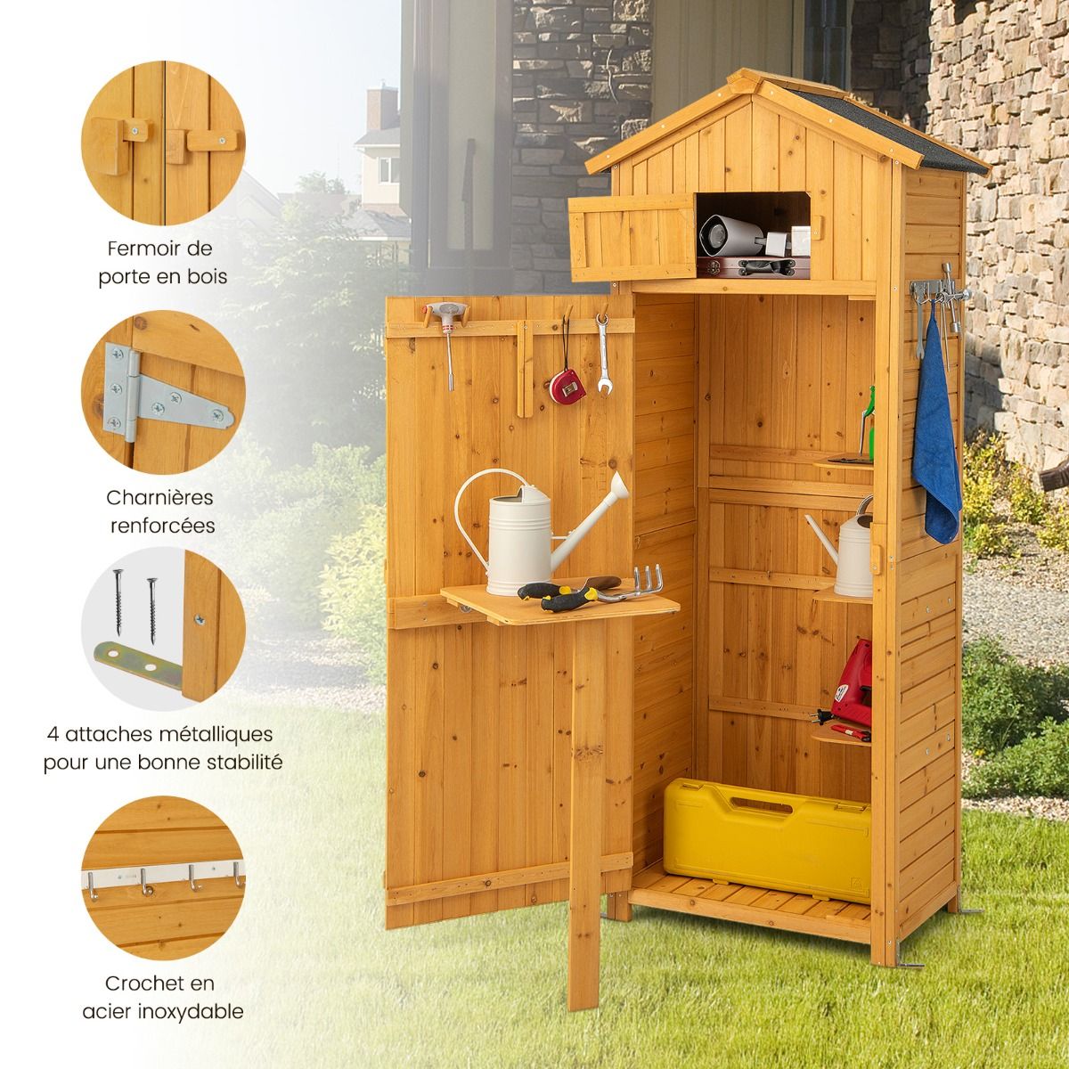 Armoire de Jardin en Bois Imperméable avec Toit Abri de Jardin avec Table Pliable Étagères et 8 Crochets 75x50x180,5CM -