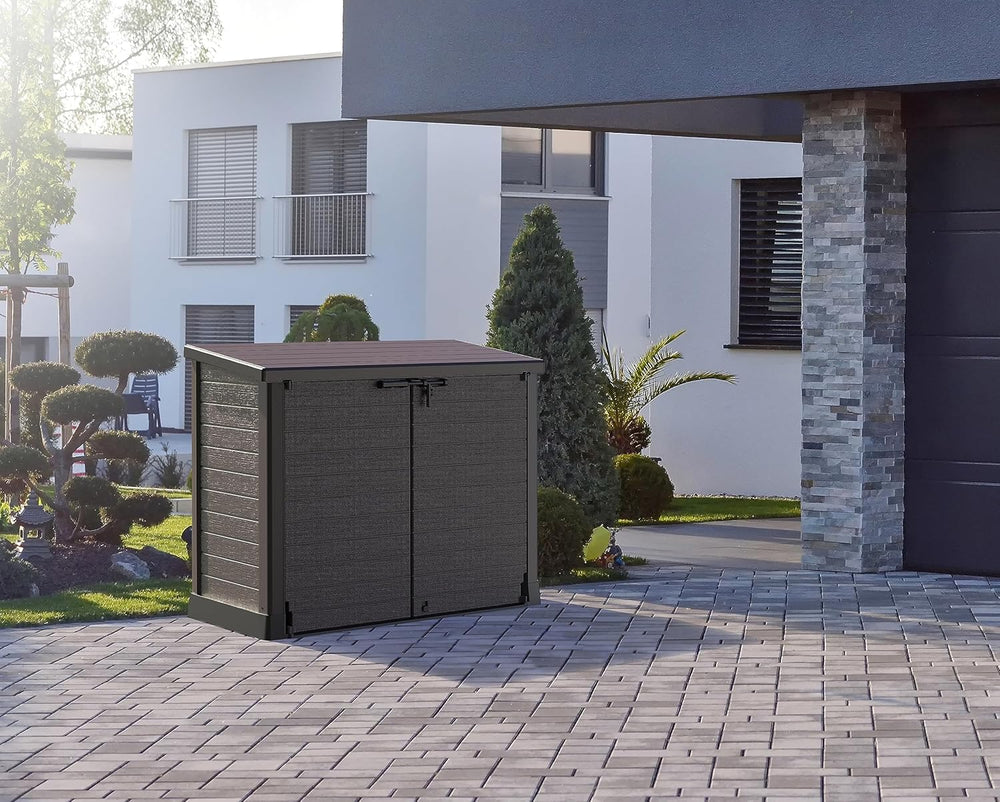 Duramax StoreAway 1200L Plastic Garden Shed/ Flat Lid,Outdoor Storage Shed,Wheelie Bin Hideaways,Wheelie bin box,Durable Construction,Ideal for Bikes,BBQs & 2x 240L Bins,145x85x125 cm,Brown
