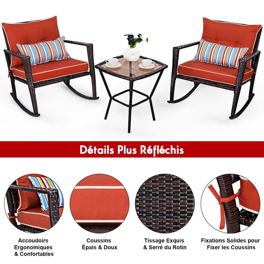 Ensemble de Jardin avec 2 Fauteuils à Bascule et 1 Table Basse en Verre Trempé Tous Coussins Inclus en Rotin PE -