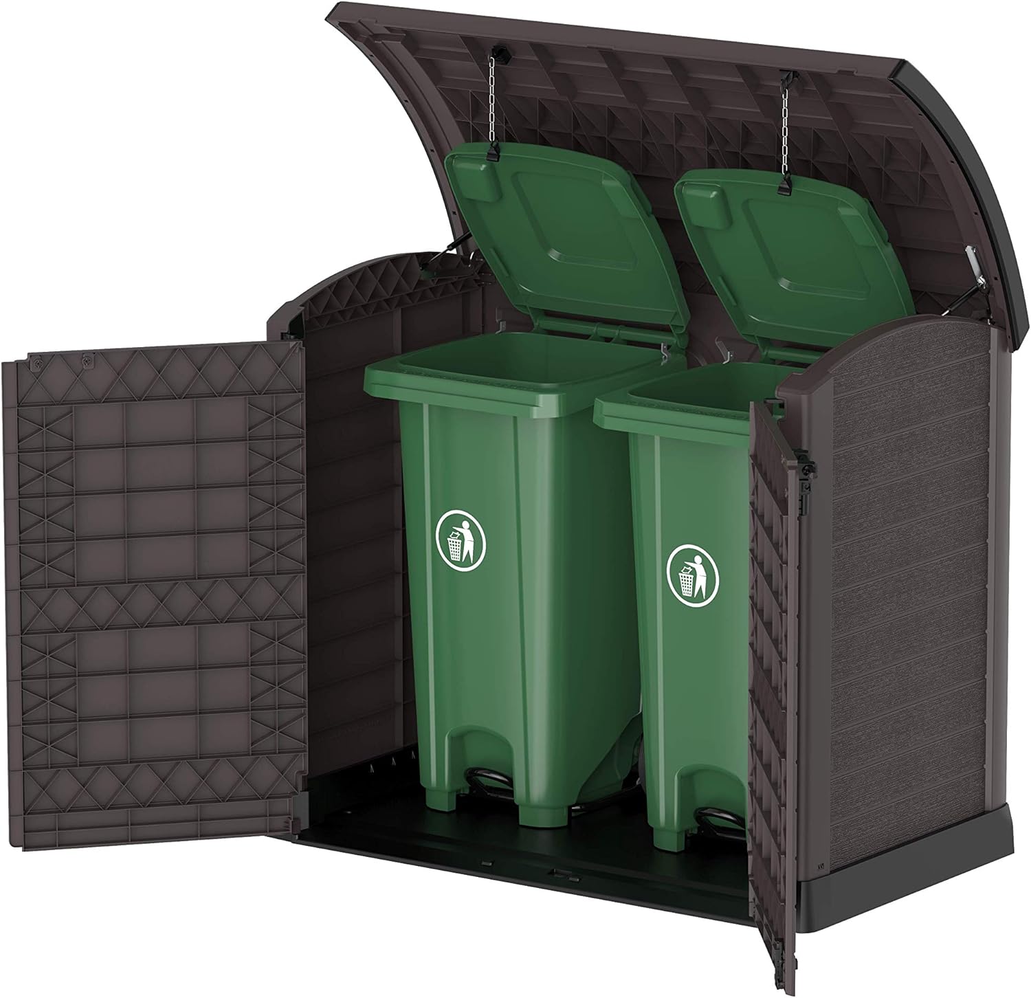 Duramax StoreAway 1200L Plastic Garden Shed/ Flat Lid,Outdoor Storage Shed,Wheelie Bin Hideaways,Wheelie bin box,Durable Construction,Ideal for Bikes,BBQs & 2x 240L Bins,145x85x125 cm,Brown