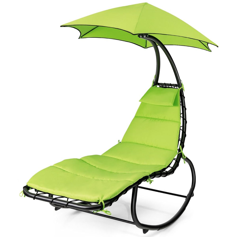 Bain de Soleil à Bascule Transat Suspendu avec Pare-Soleil & Coussin Hamac Charge 150KG 184 cm x 147 cm x 187 cm Vert -