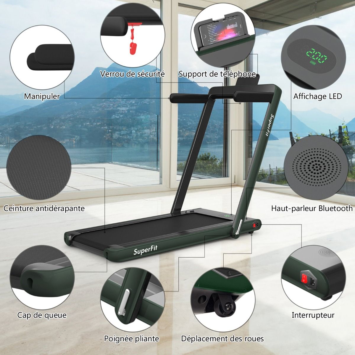 2 en 1 Tapis de Course Electrique Pliable 1 à 12 Km/H avec Haut-parleur Bluetooth Télécommande Moteur 0,75HP Vert/Blanc/Noir/Rouge/Or/Noir et Argenté/Bleu -