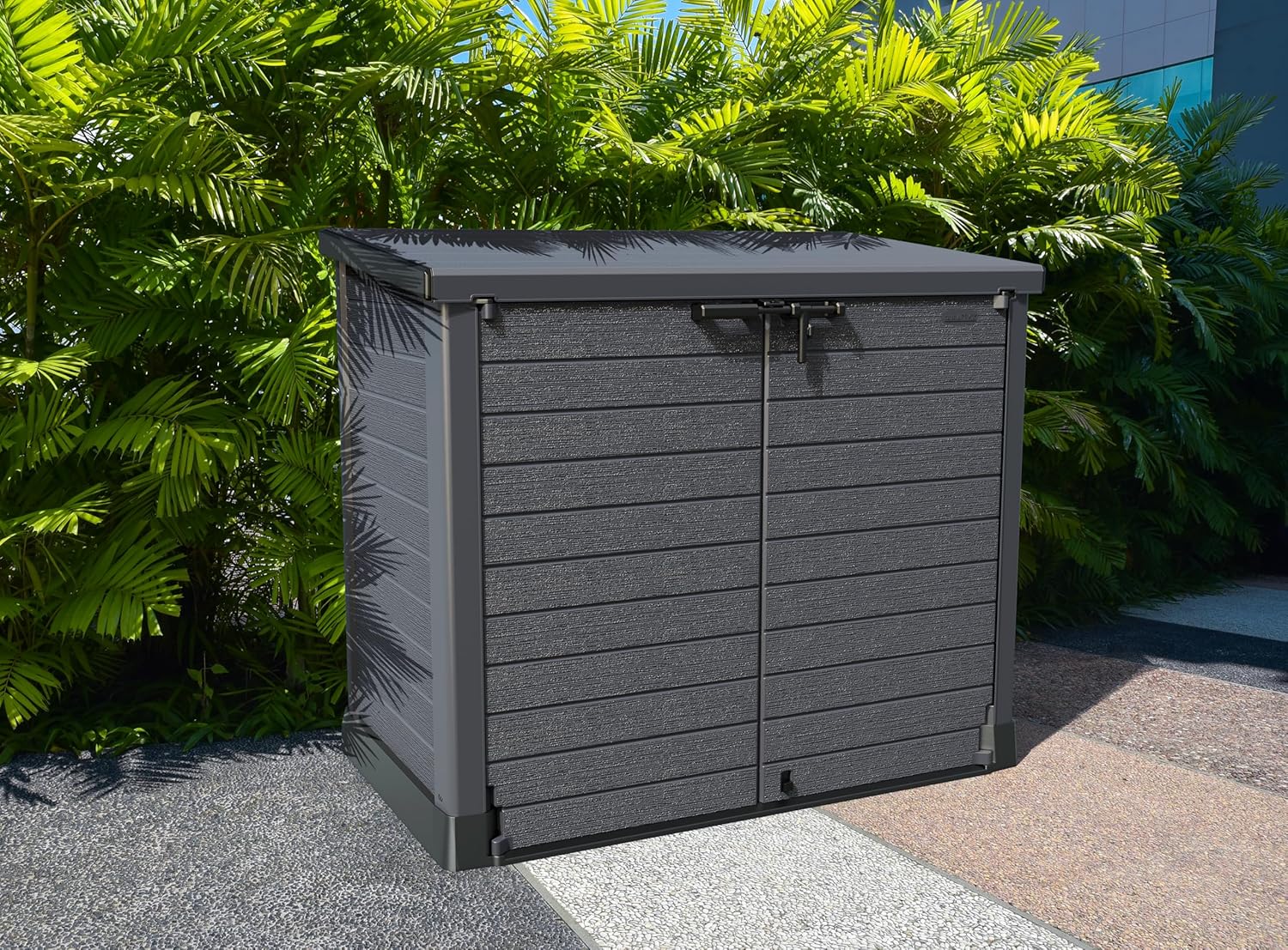 Duramax StoreAway 1200L Plastic Garden Shed/ Flat Lid,Outdoor Storage Shed,Wheelie Bin Hideaways,Wheelie bin box,Durable Construction,Ideal for Bikes,BBQs & 2x 240L Bins,145x85x125 cm,Brown
