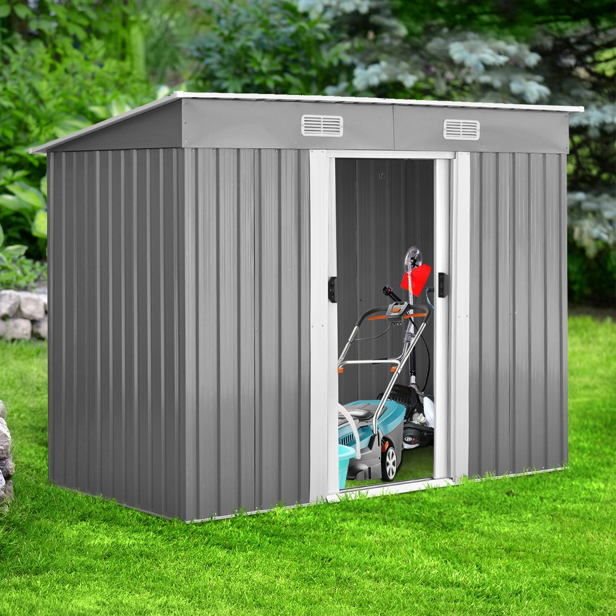 Abri de Jardin à l'Extérieur en Acier Galvanisé avec 2 Portes,4 Bouches d'Aération pour Stocker Outils 238 x 131 x 181CM Gris+Blanc -