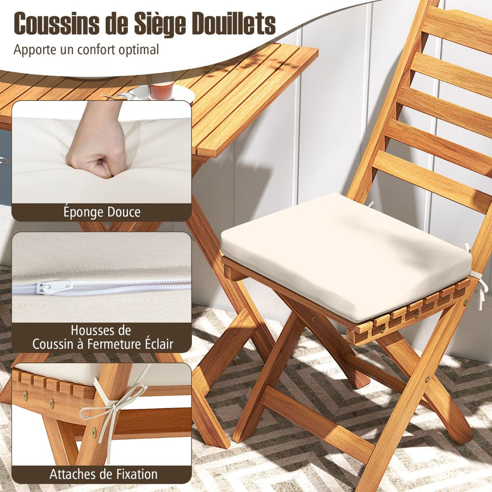Ensemble Bistrot d'Extrieur en Bois d'Acacia Ensemble de Chaises Pliantes et Table Coussins de Sige Sans Accoudoirs  Dossier Haut Blanc -