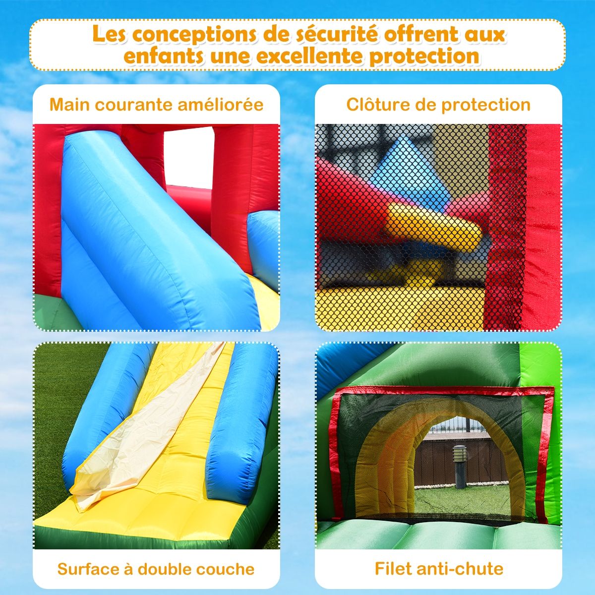 Château Gonflable 4 en 1 pour Enfant 3-10 Ans avec Toboggan Aire de Saut Mur d’Escalade Panier de Basketball -