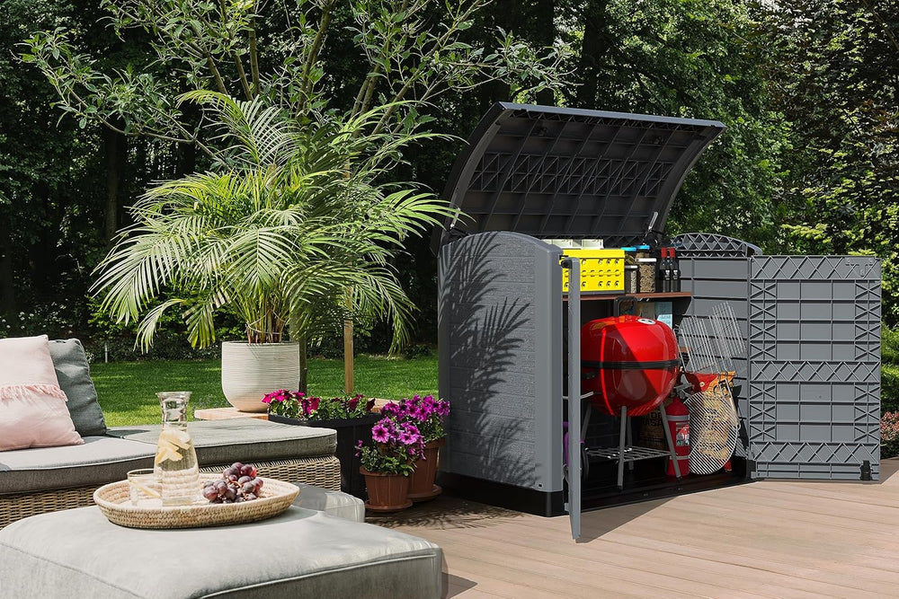 Duramax StoreAway 1200L Plastic Garden Shed/ Flat Lid,Outdoor Storage Shed,Wheelie Bin Hideaways,Wheelie bin box,Durable Construction,Ideal for Bikes,BBQs & 2x 240L Bins,145x85x125 cm,Brown