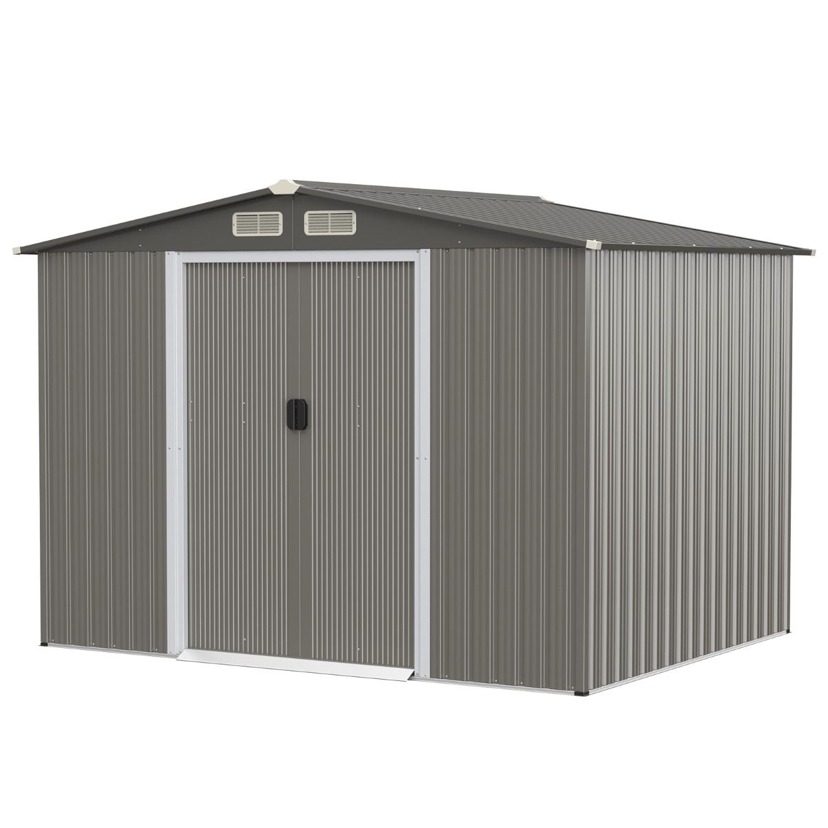 Abri de Jardin Mtal Extrieur 9.74m鲁 Acier Galvanis avec Fondation 4 Persiennes Double Porte et Rampe 260 x 207 x 181 cm Gris Fonc/Gris Clair -