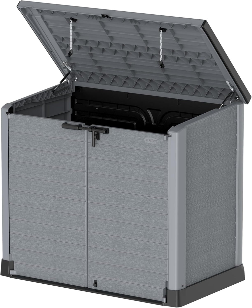 Duramax StoreAway 1200L Plastic Garden Shed/ Flat Lid,Outdoor Storage Shed,Wheelie Bin Hideaways,Wheelie bin box,Durable Construction,Ideal for Bikes,BBQs & 2x 240L Bins,145x85x125 cm,Brown