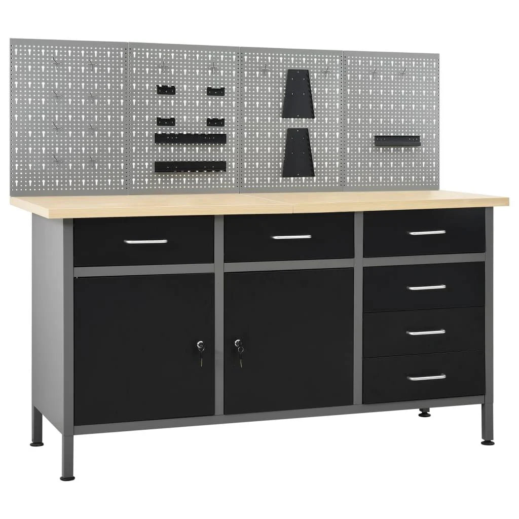 Etabli avec 4 panneaux muraux table de travail poste de travail stockage rangement d'outils 160 cm garage atelier pieds rglables en hauteur 02_0003666 -