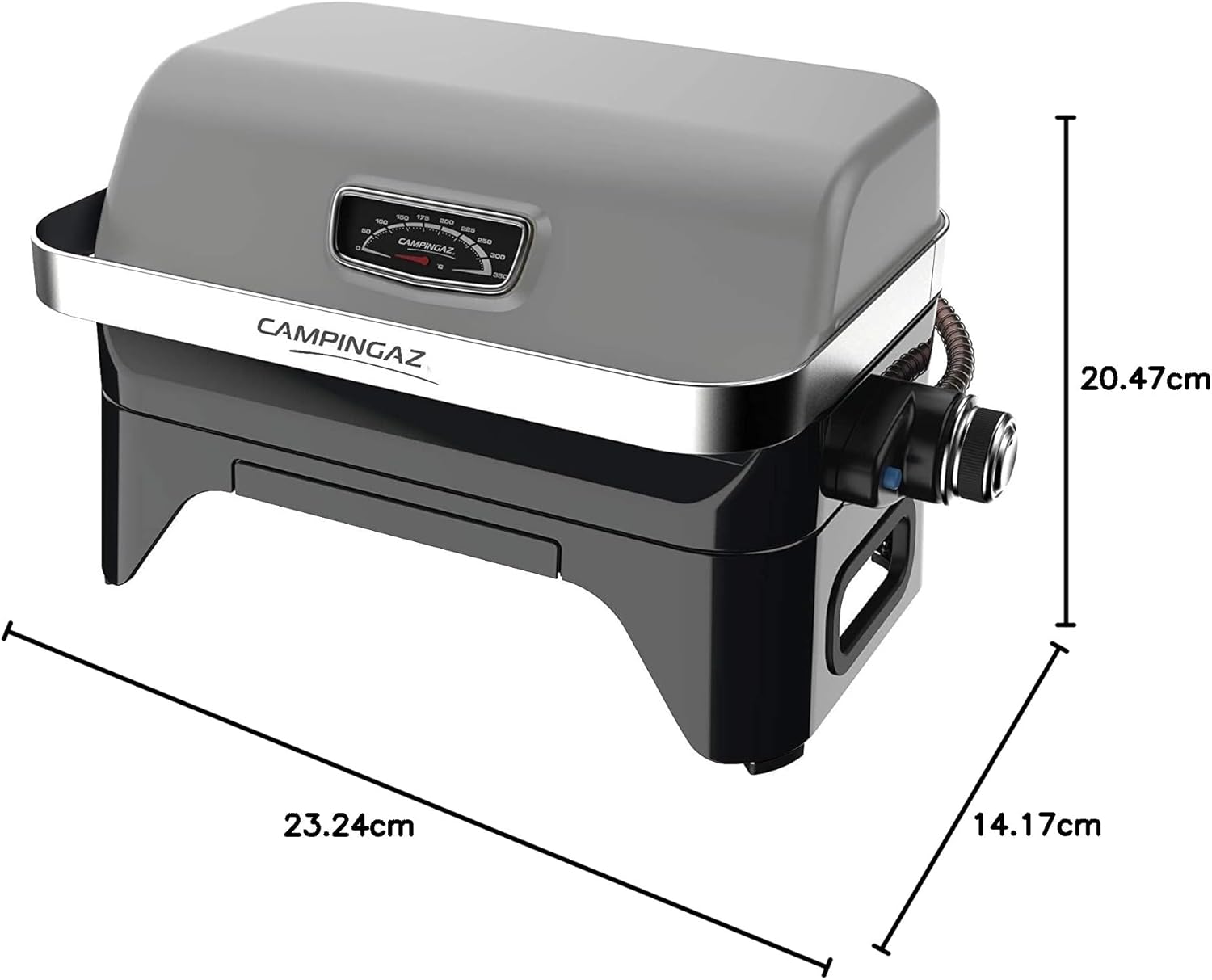 Attitude2go,Barbecue de Table  Faible fume,BBQ Portable, Couvercle,thermomtre,et Grille en Fonte,Alimentation : Cartouche de gaz CV 470 Plus,Gris