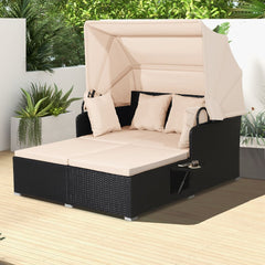 Chaise Longue à 2 Places en Rotin avec Auvent Rétractable Bain de Soleil avec Panneaux Latéraux Pliables Charge 360KG Beige/Gris -