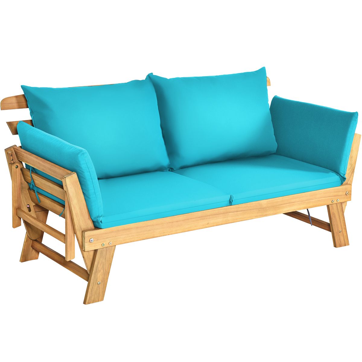 Chaise Longue Convertible avec Coussin Canapé de Jardin 2 en 1 en Bois d’Acacia avec Accoudoir Réglable pour Patio Piscine Jardin Blanc/Gris/Bleu/Rouge -