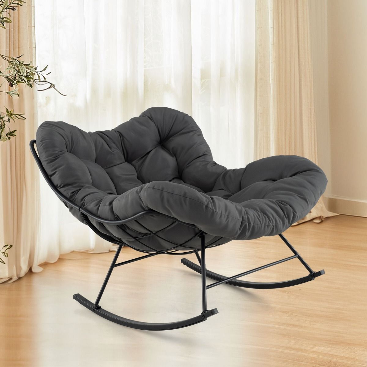 Chaise  Bascule d'Intrieur et d'Extrieur Chaise Papasan Surdimensionne avec Coussin Rembourr & Cadre en Mtal Capacit 205 Kg Gris -