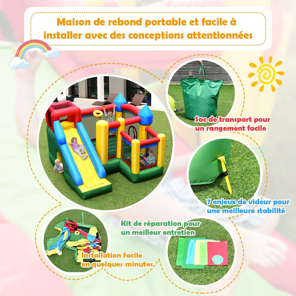 Ch芒teau Gonflable 4 en 1 pour Enfant 3-10 Ans avec Toboggan Aire de Saut Mur d橢scalade Panier de Basketball -