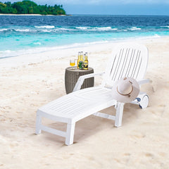 Chaise Longue Inclinable Réglable à 5 Positions avec Roues Flexibles Fauteuil Relax de Camping avec Boîte de Rangement Charge 150KG Blanc -