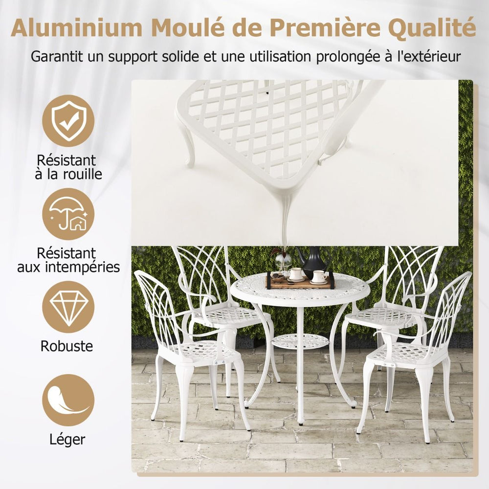 5 Pcs Salon de Jardin en Fonte d'Aluminium Trou pour Parasol Repose-pieds Réglables Ensemble de Table Ronde et 4 Chaises Blanc -