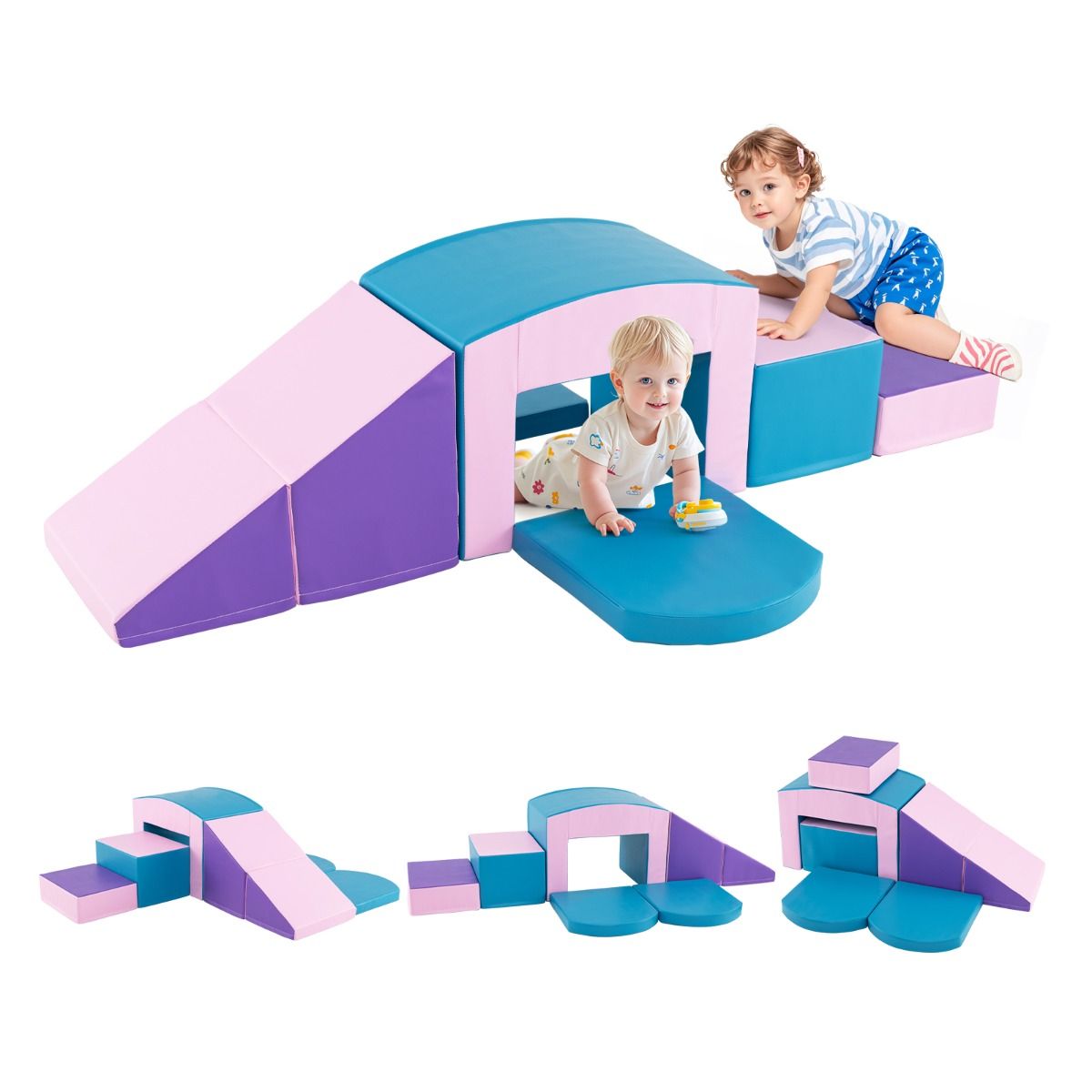 6 Blocs d’Escalade en Mousse Jeu d’Escalade pour Tout-Petits Jeu d’Activité d’Escalade Coloré Tunnel Escaliers et Rampe pour 12+ Mois Coloré/Bleu/Violet -