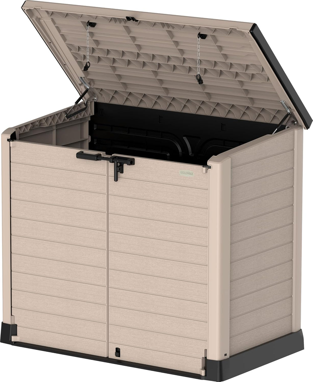Duramax StoreAway 1200L Plastic Garden Shed/ Flat Lid,Outdoor Storage Shed,Wheelie Bin Hideaways,Wheelie bin box,Durable Construction,Ideal for Bikes,BBQs & 2x 240L Bins,145x85x125 cm,Brown
