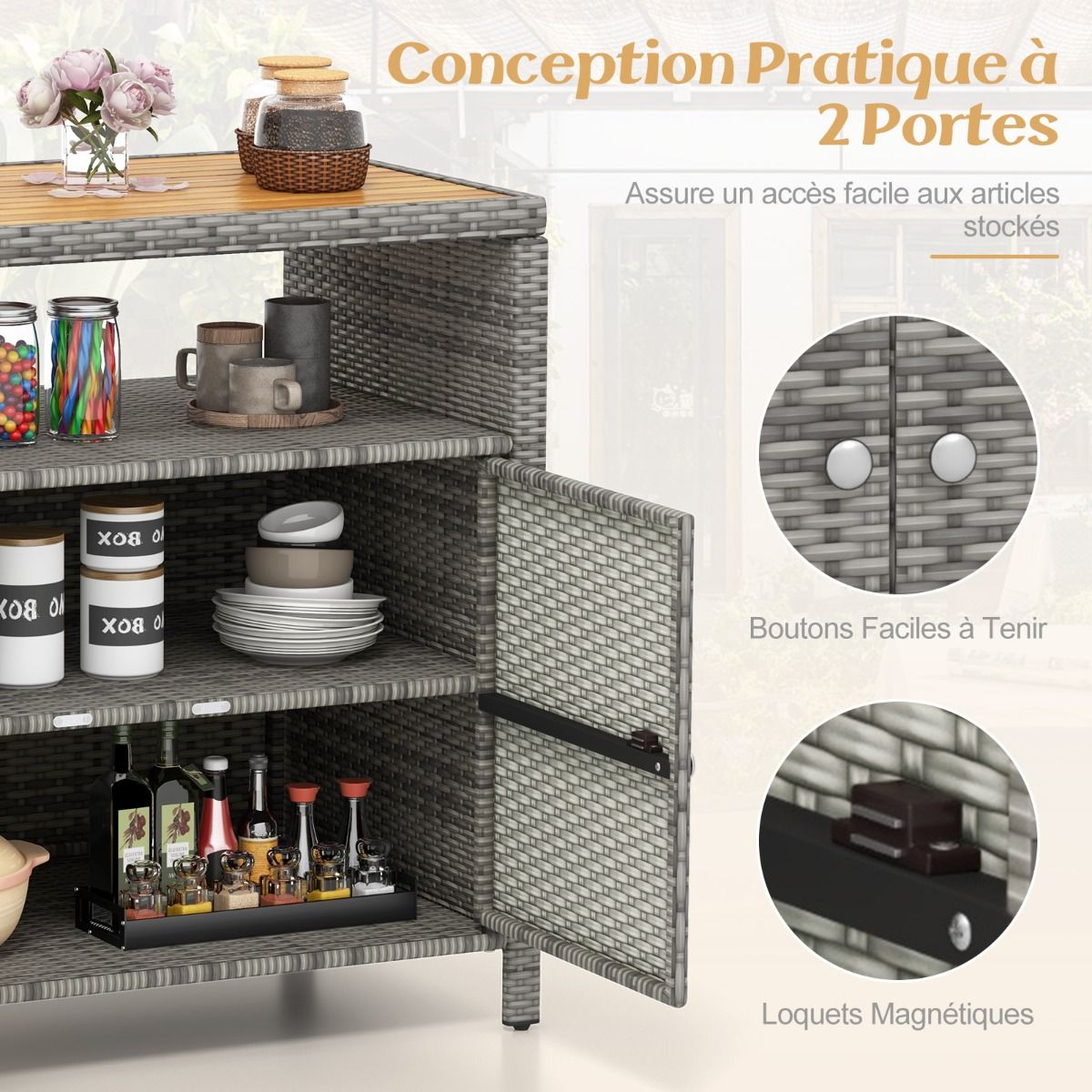 Armoire de Rangement Exterieur en Rotin Armoire de Jardin avec Plateau en Bois d'Acacia Compartiment Ouvert Buffet à 2 Portes -
